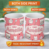 Personalized Custom Name Cute Kawaii Coffee Maker Milk Carton Cups Red Background Seamless 11oz Ceramic Coffee Tea Mug White Large Handle