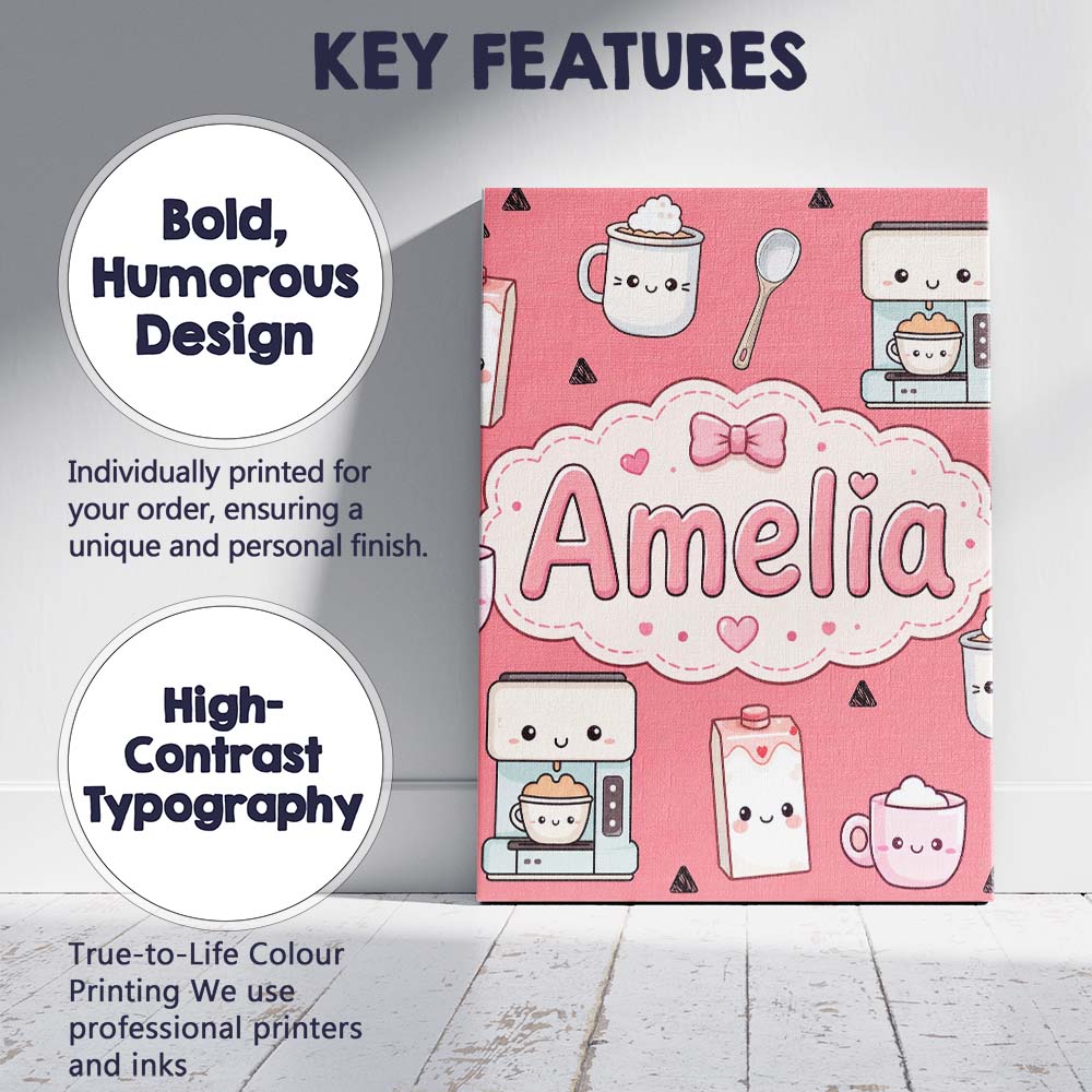 Personalised Name Cute Kawaii Coffee Maker Custom  Unique Gift Idea Elegant Feature Canvas Wall Art Print Decor Picture Ready to Hang