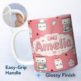 Personalized Custom Name Cute Kawaii Coffee Maker Milk Carton Cups Red Background Seamless 11oz Ceramic Coffee Tea Mug White Large Handle