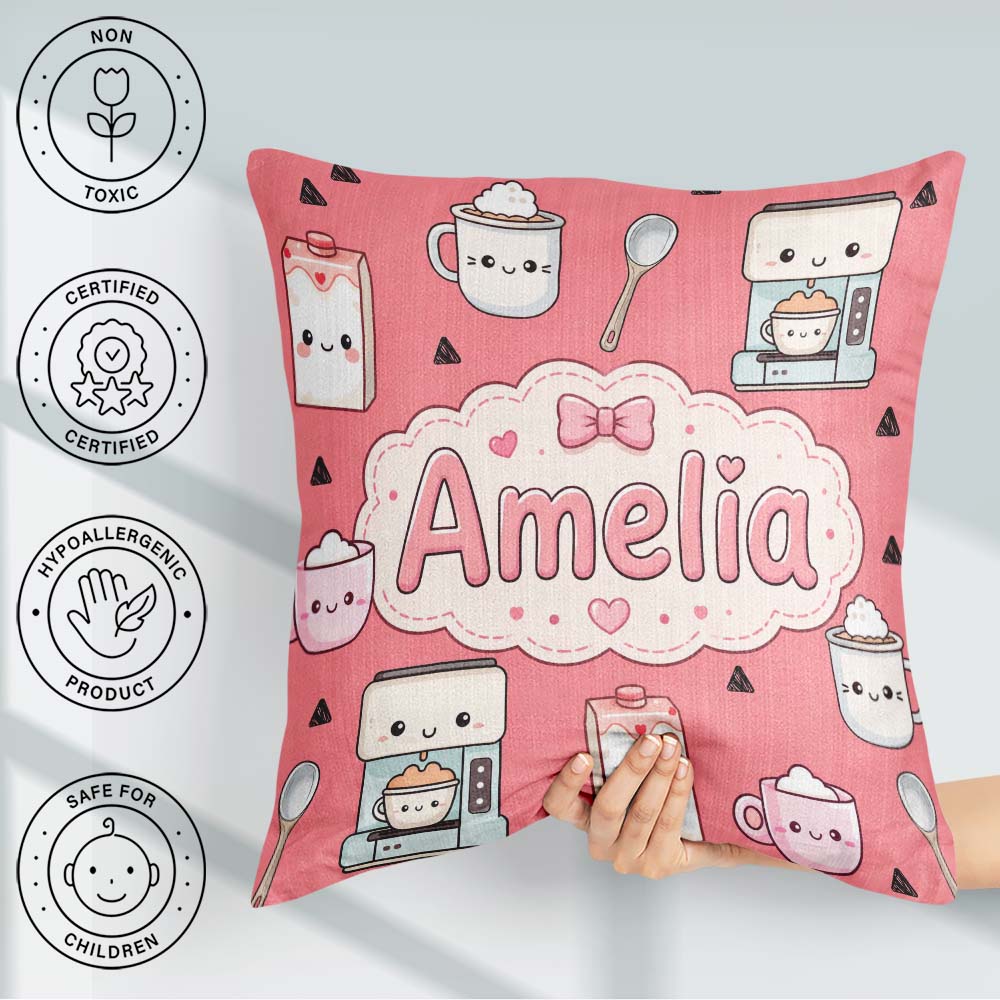 Custom Name Cute Kawaii Milk Carton Cups Red Background Seamless Square Filled Cushion Throw Pillow Sofa Bed Home Decor Zip Washable UK Made