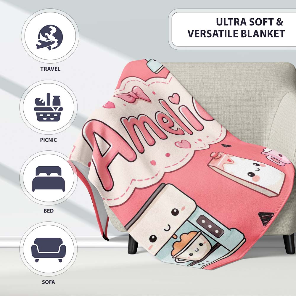 Cute Kawaii Coffee Maker Milk Carton Cups Red Background Seamless  Personalised Custom Name Super Soft Fleece Blanket Bed Sofa Throw