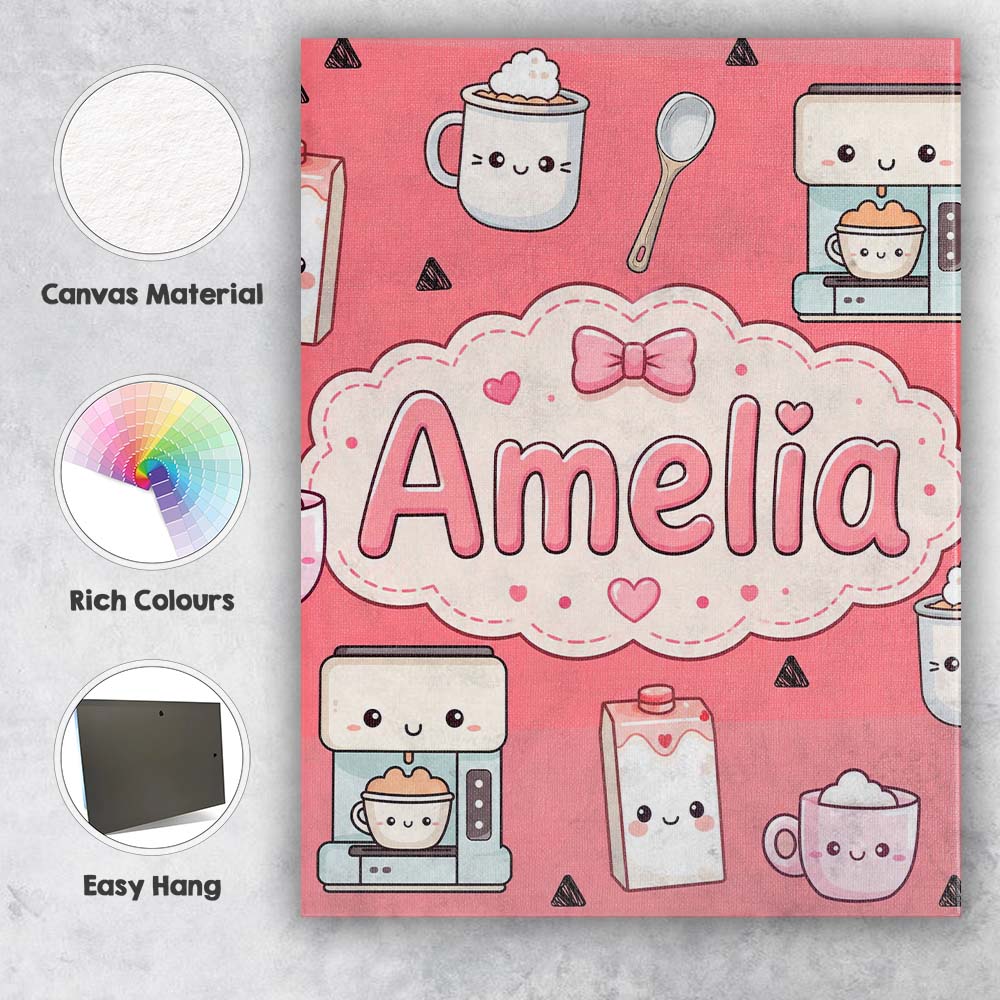 Personalised Name Cute Kawaii Coffee Maker Custom  Unique Gift Idea Elegant Feature Canvas Wall Art Print Decor Picture Ready to Hang