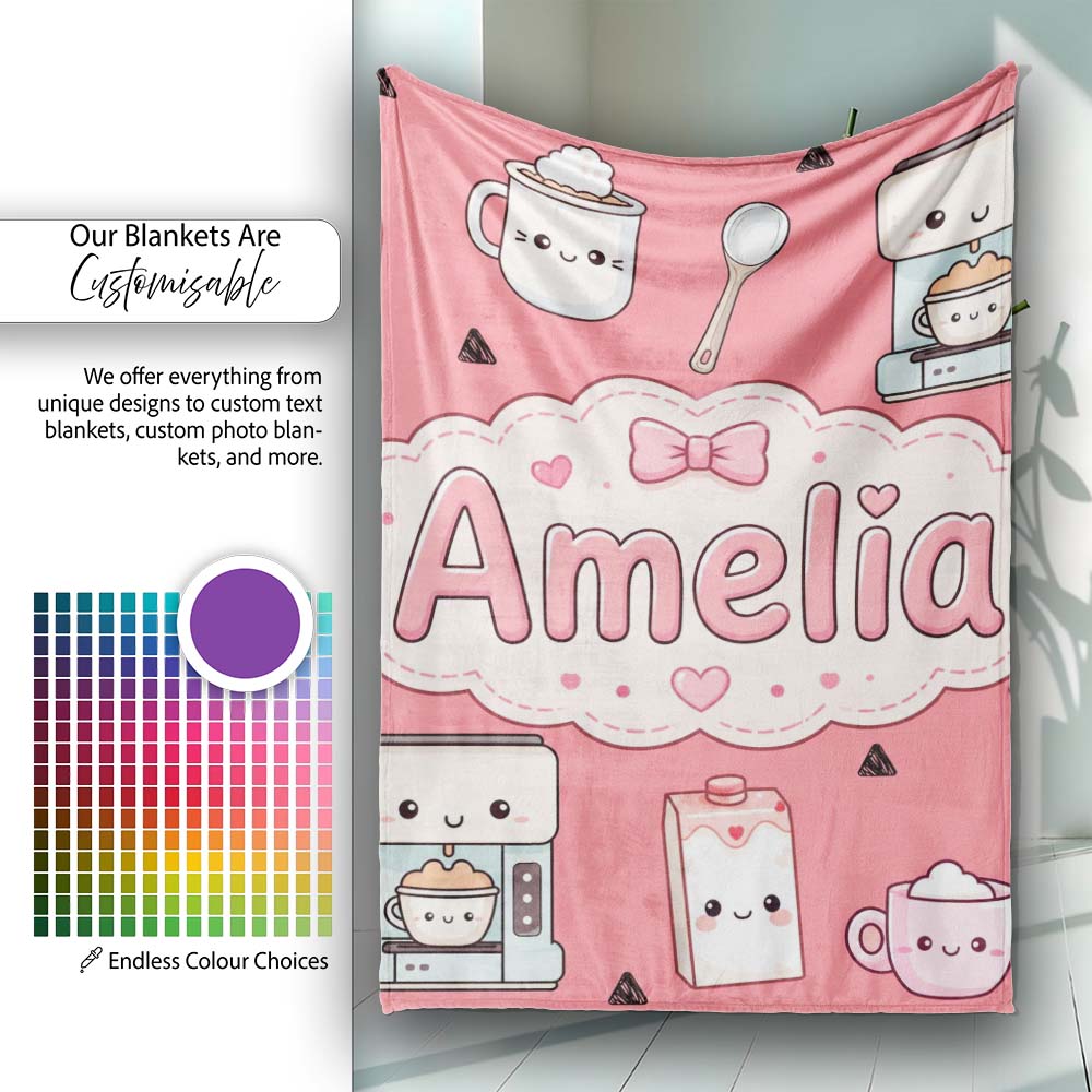 Cute Kawaii Coffee Maker Milk Carton Cups Red Background Seamless  Personalised Custom Name Super Soft Fleece Blanket Bed Sofa Throw