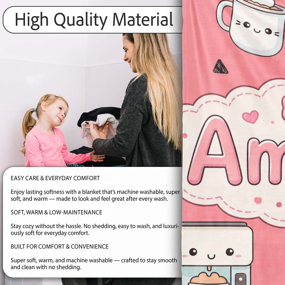 Cute Kawaii Coffee Maker Milk Carton Cups Red Background Seamless  Personalised Custom Name Super Soft Fleece Blanket Bed Sofa Throw