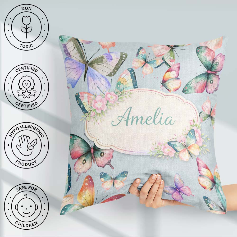 Custom Name Watercolor Butterflies Pale Blue Background Seamless Square Filled Cushion Throw Pillow Sofa Bed Home Decor Zip Washable UK Made