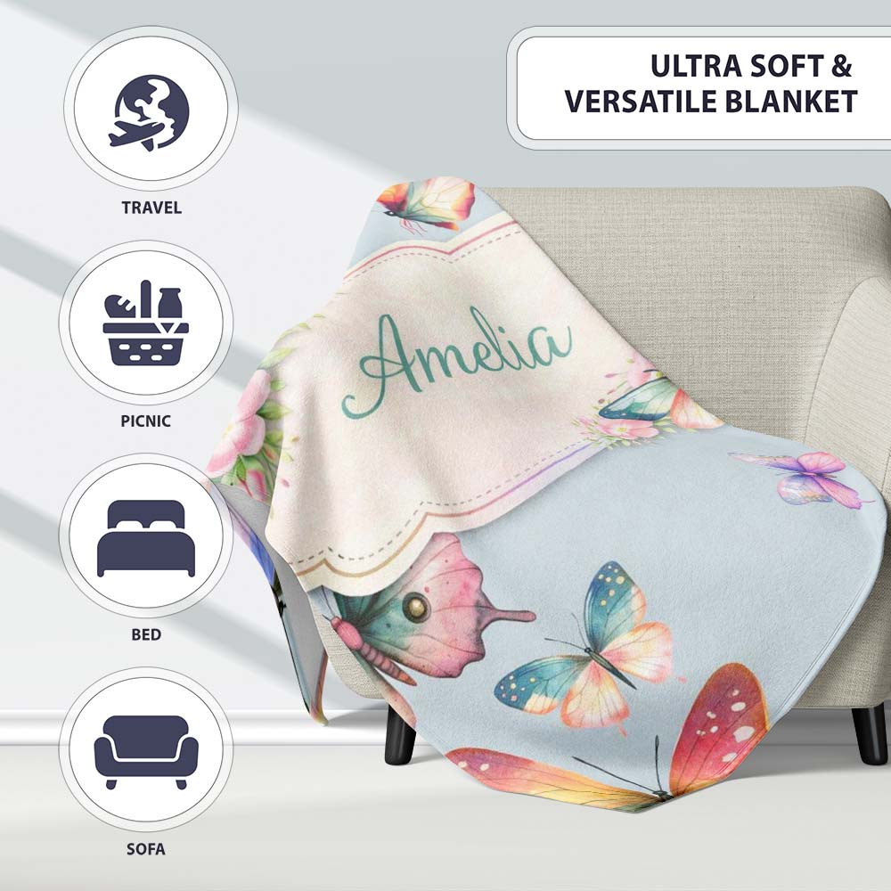 Pastel Watercolor Butterflies Pale Blue Background Seamless Pattern  Personalised Custom Name Super Soft Fleece Blanket Bed Sofa Throw