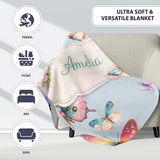 Pastel Watercolor Butterflies Pale Blue Background Seamless Pattern  Personalised Custom Name Super Soft Fleece Blanket Bed Sofa Throw