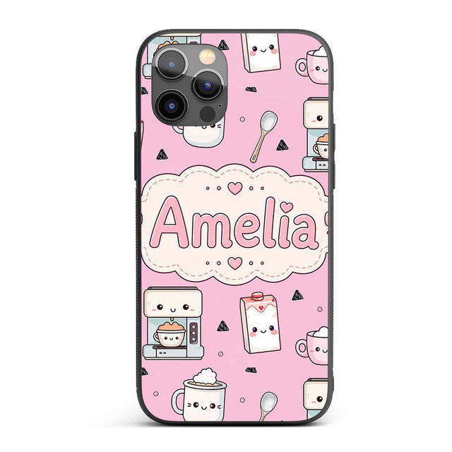 Kawaii Coffee Maker Milk Carton Cups Blush Pink Custom Name Protective Phone Case Mobile Cover Durable Everyday Smartphone Shock Resistant