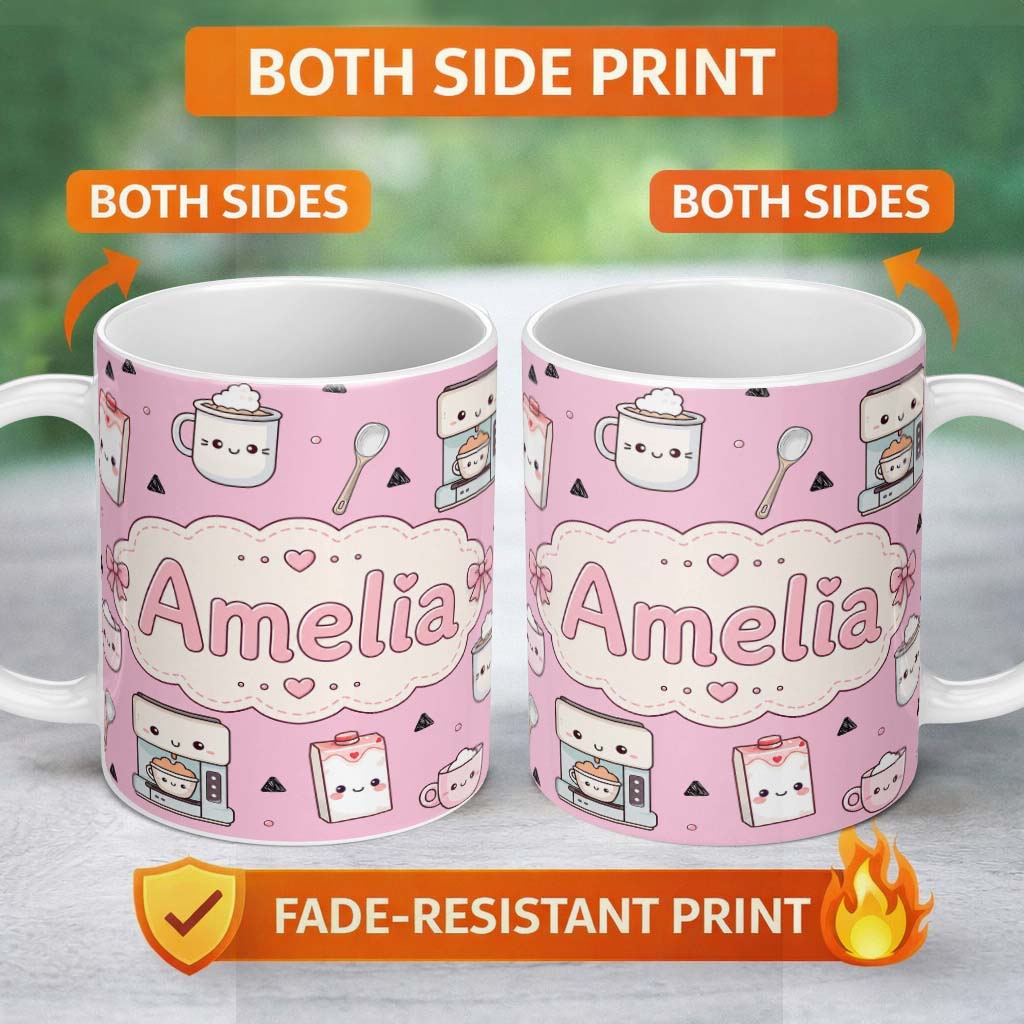 Personalized Custom Name Kawaii Coffee Maker Milk Carton Cups Blush Pink Seamless Pattern 11oz Ceramic Coffee Tea Mug White Large Handle
