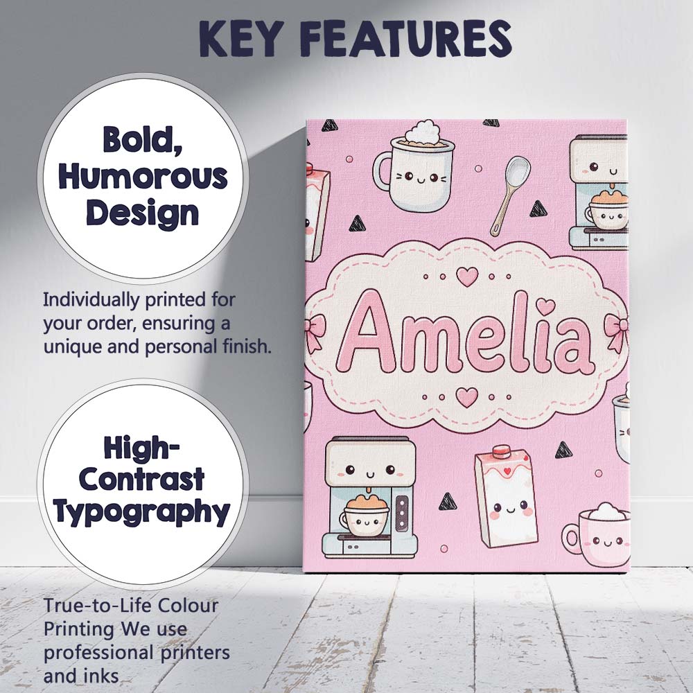 Personalised Name Kawaii Coffee Maker Milk Custom  Unique Gift Idea Elegant Feature Canvas Wall Art Print Decor Picture Ready to Hang