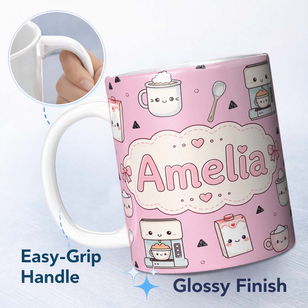 Personalized Custom Name Kawaii Coffee Maker Milk Carton Cups Blush Pink Seamless Pattern 11oz Ceramic Coffee Tea Mug White Large Handle