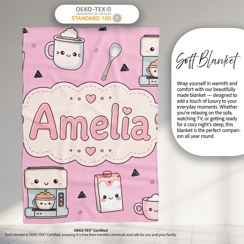 Kawaii Coffee Maker Milk Carton Cups Blush Pink Seamless Pattern  Personalised Custom Name Super Soft Fleece Blanket Bed Sofa Throw