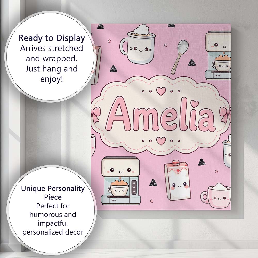 Personalised Name Kawaii Coffee Maker Milk Custom  Unique Gift Idea Elegant Feature Canvas Wall Art Print Decor Picture Ready to Hang