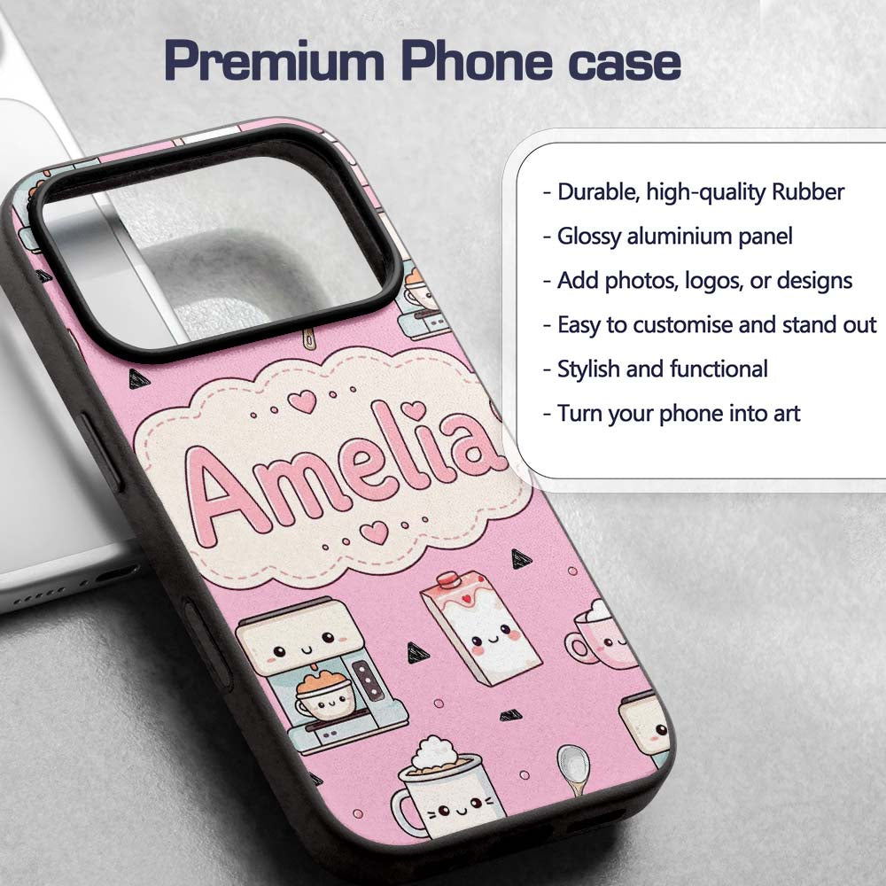 Kawaii Coffee Maker Milk Carton Cups Blush Pink Custom Name Protective Phone Case Mobile Cover Durable Everyday Smartphone Shock Resistant