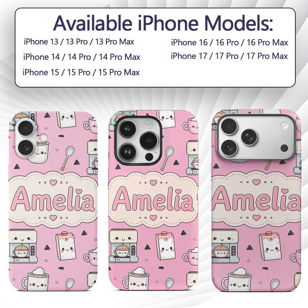 Kawaii Coffee Maker Milk Carton Cups Blush Pink Custom Name Protective Phone Case Mobile Cover Durable Everyday Smartphone Shock Resistant