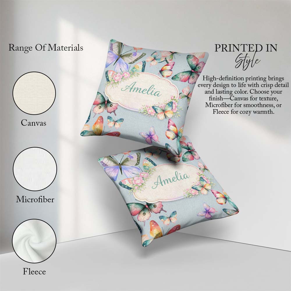 Custom Name Watercolor Butterflies Pale Blue Background Seamless Square Filled Cushion Throw Pillow Sofa Bed Home Decor Zip Washable UK Made