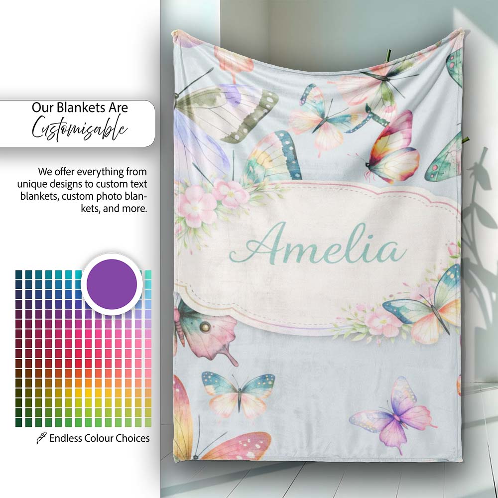 Pastel Watercolor Butterflies Pale Blue Background Seamless Pattern  Personalised Custom Name Super Soft Fleece Blanket Bed Sofa Throw