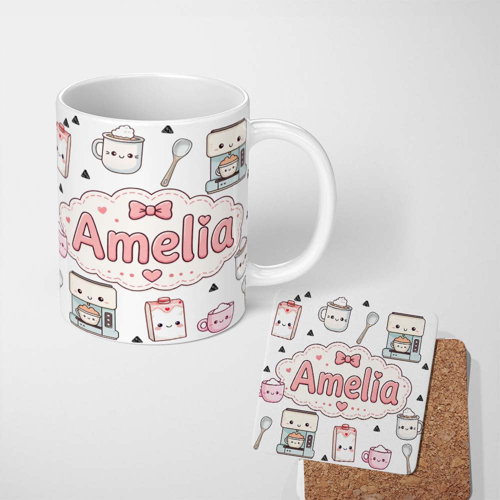 Personalized Custom Name Cute Kawaii Coffee Maker Milk Carton Cups Grey Background Seamless 11oz Ceramic Coffee Tea Mug White Large Handle