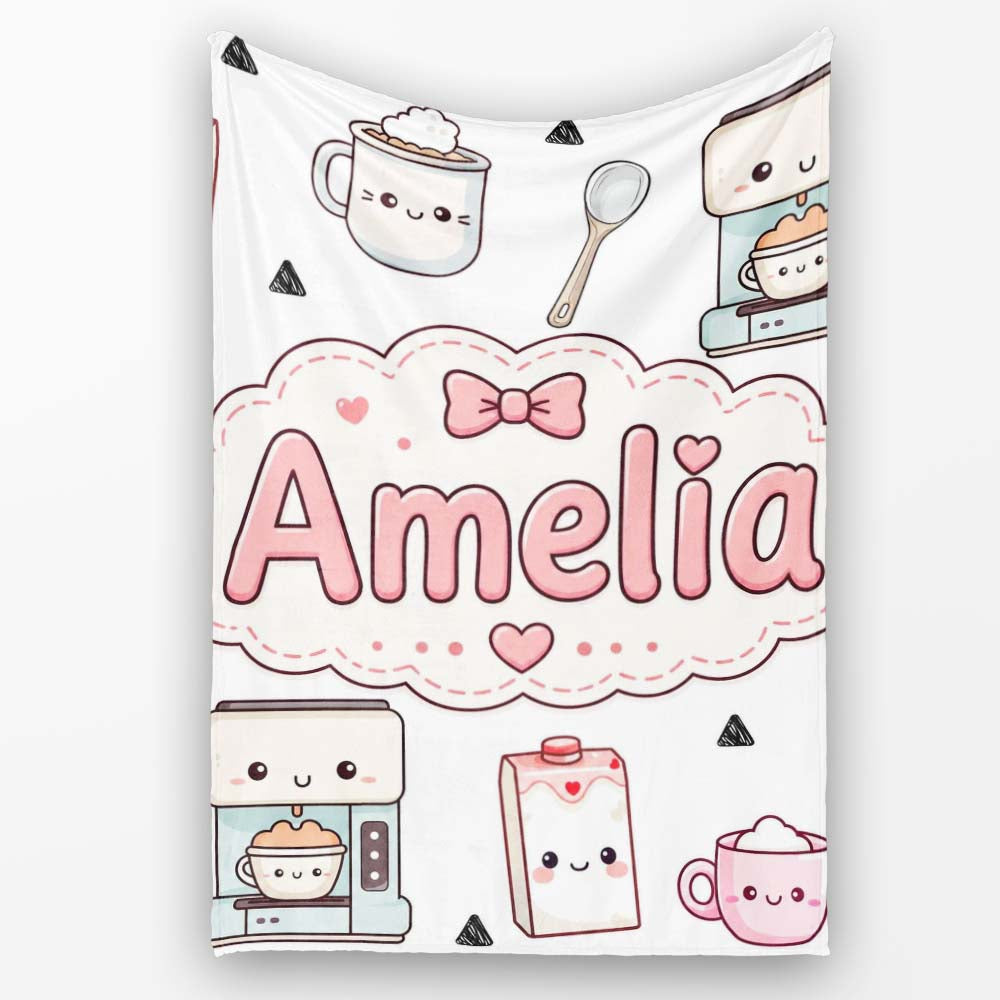 Cute Kawaii Coffee Maker Milk Carton Cups Grey Background Seamless  Personalised Custom Name Super Soft Fleece Blanket Bed Sofa Throw