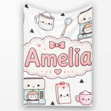 Cute Kawaii Coffee Maker Milk Carton Cups Grey Background Seamless  Personalised Custom Name Super Soft Fleece Blanket Bed Sofa Throw