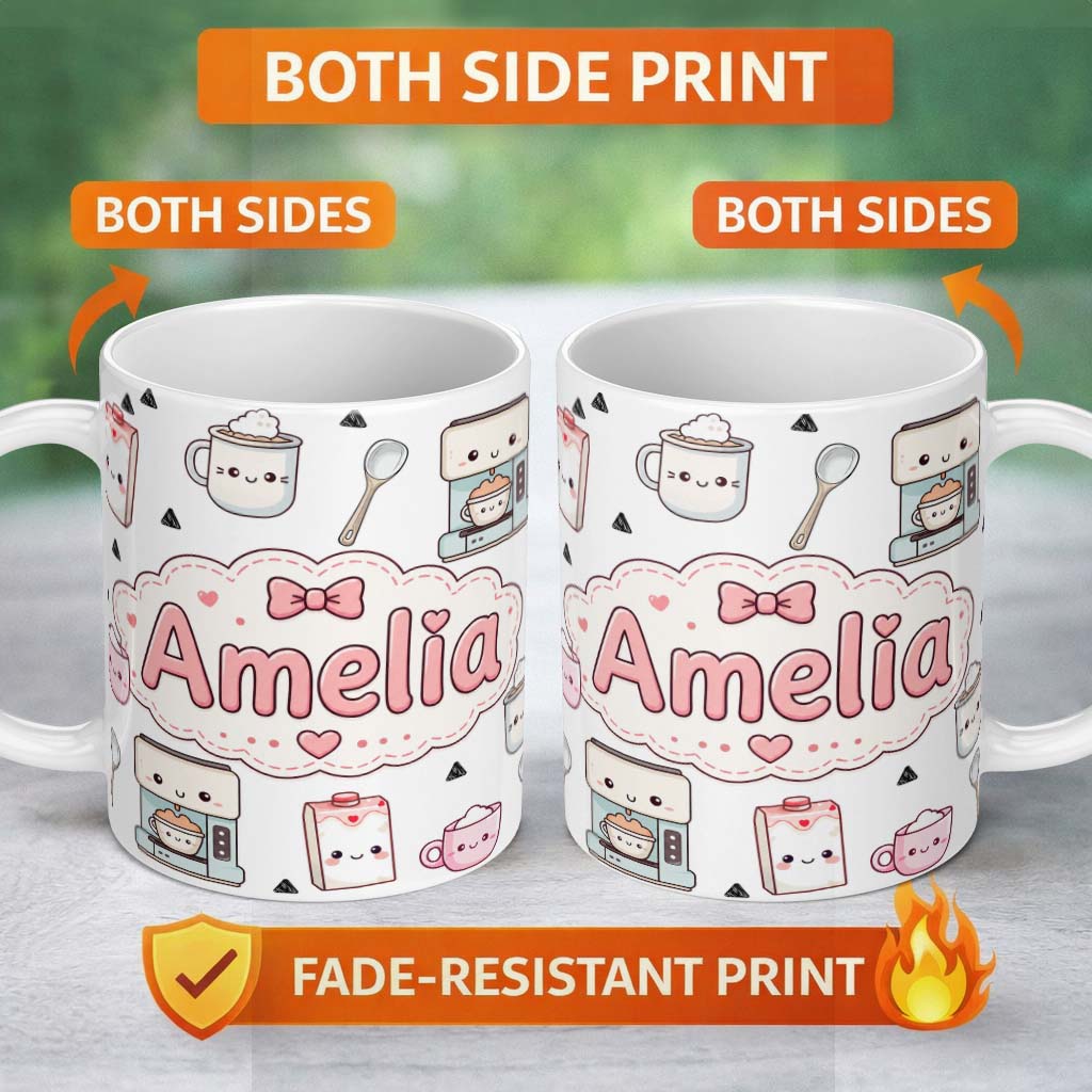 Personalized Custom Name Cute Kawaii Coffee Maker Milk Carton Cups Grey Background Seamless 11oz Ceramic Coffee Tea Mug White Large Handle