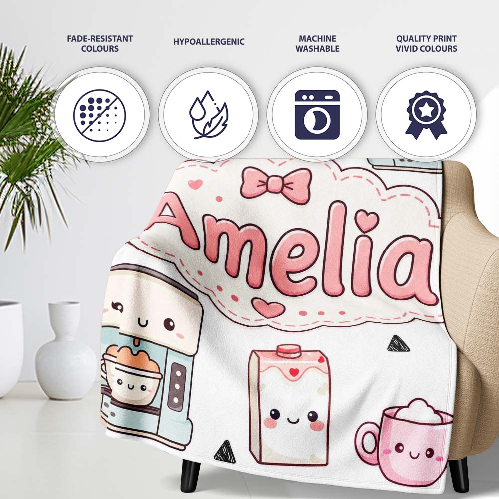 Cute Kawaii Coffee Maker Milk Carton Cups Grey Background Seamless  Personalised Custom Name Super Soft Fleece Blanket Bed Sofa Throw