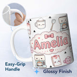 Personalized Custom Name Cute Kawaii Coffee Maker Milk Carton Cups Grey Background Seamless 11oz Ceramic Coffee Tea Mug White Large Handle