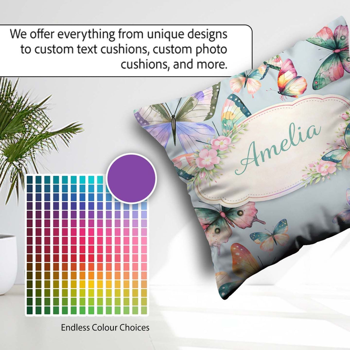 Custom Name Watercolor Butterflies Pale Blue Background Seamless Square Filled Cushion Throw Pillow Sofa Bed Home Decor Zip Washable UK Made