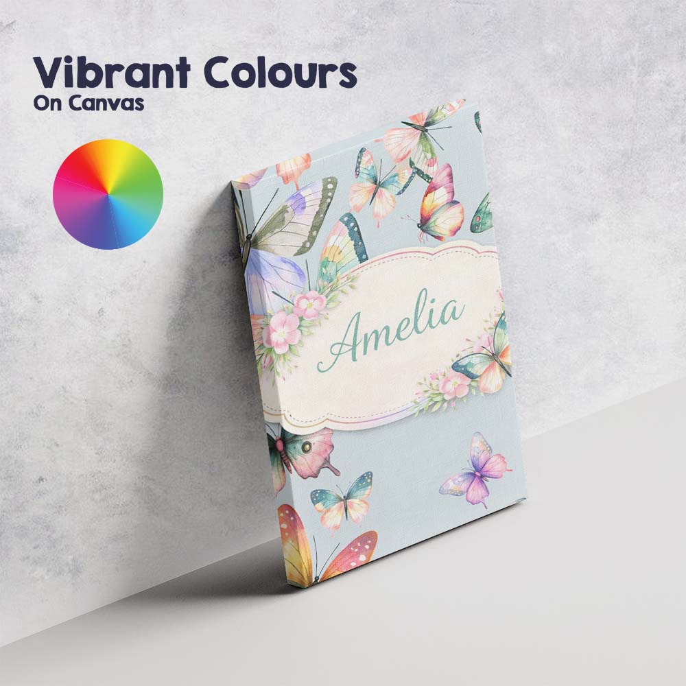 Personalised Name Pastel Watercolor Butterflies Pale Blue Background Custom  Home Canvas Wall Art Print Decor Picture Ready to Hang