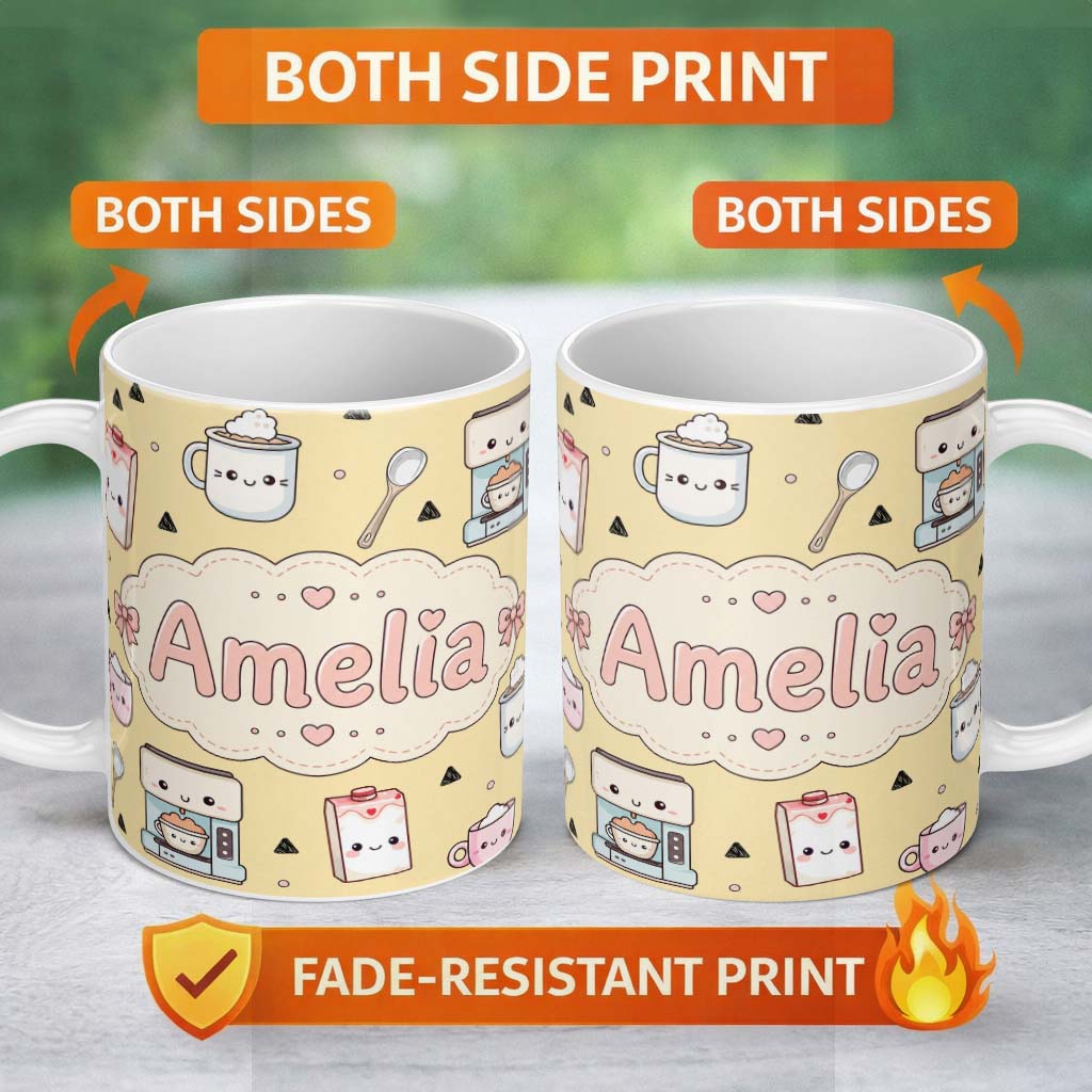 Personalized Custom Name Cute Kawaii Coffee Maker Milk Carton Cups Yellow Background 11oz Ceramic Coffee Tea Mug White Large Handle