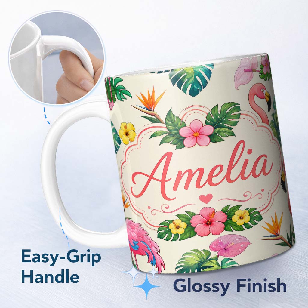 Personalized Custom Name Tropical Flamingo Bird with Exotic Flowers Leaves Pattern Cream 11oz Ceramic Coffee Tea Mug White Large Handle