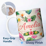 Personalized Custom Name Tropical Flamingo Bird with Exotic Flowers Leaves Pattern Cream 11oz Ceramic Coffee Tea Mug White Large Handle