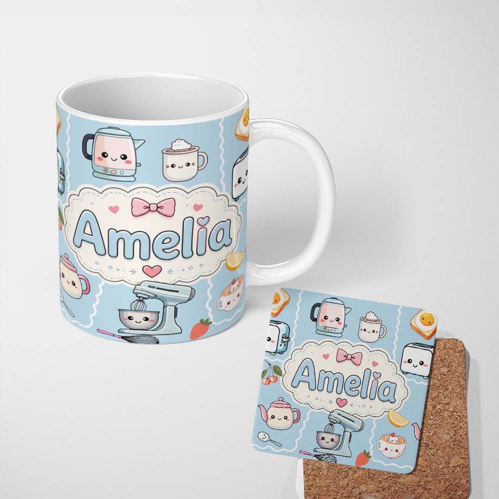 Personalized Custom Name Cute Kawaii Kitchen Mixer Kettle Fruits Blue Background Seamless 11oz Ceramic Coffee Tea Mug White Large Handle