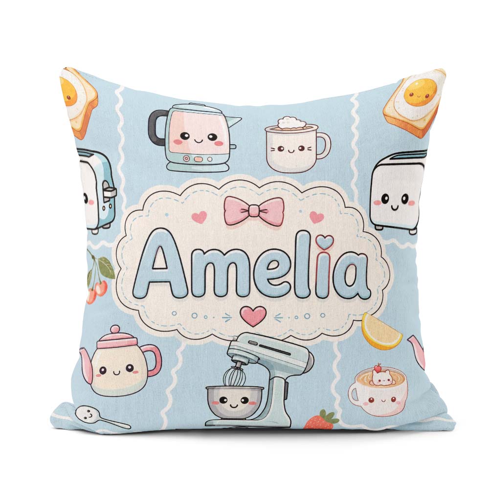 Custom Name Kawaii Mixer Kettle Fruits Blue Background Seamless Square Filled Cushion Throw Pillow Sofa Bed Home Decor Zip Washable UK Made