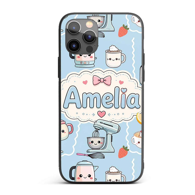 Cute Kawaii Mixer Kettle Fruits Blue Background Custom Name Protective Phone Case Mobile Cover Durable Everyday Smartphone Shock Resistant