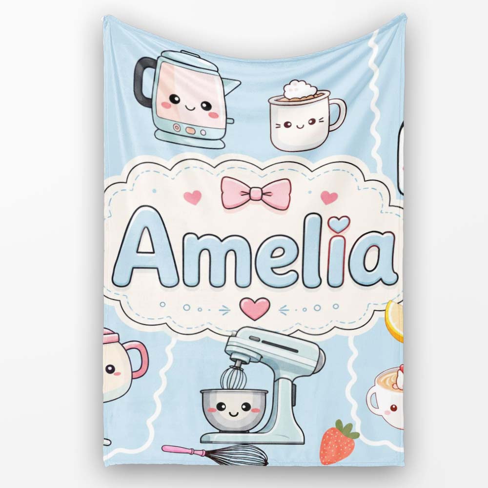 Cute Kawaii  Mixer Kettle Fruits Blue Background Seamless  Personalised Custom Name Super Soft Fleece Blanket Bed Sofa Throw