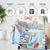 Cute Kawaii  Mixer Kettle Fruits Blue Background Seamless  Personalised Custom Name Super Soft Fleece Blanket Bed Sofa Throw