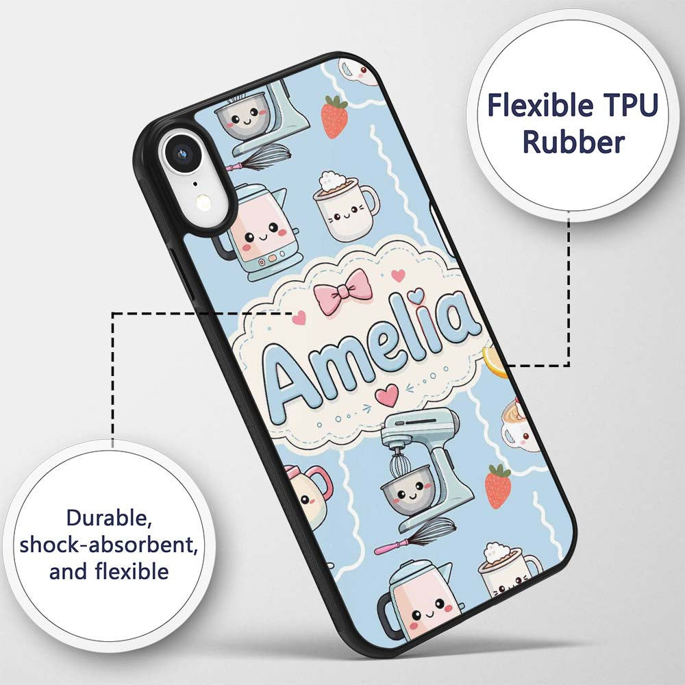 Cute Kawaii Mixer Kettle Fruits Blue Background Custom Name Protective Phone Case Mobile Cover Durable Everyday Smartphone Shock Resistant