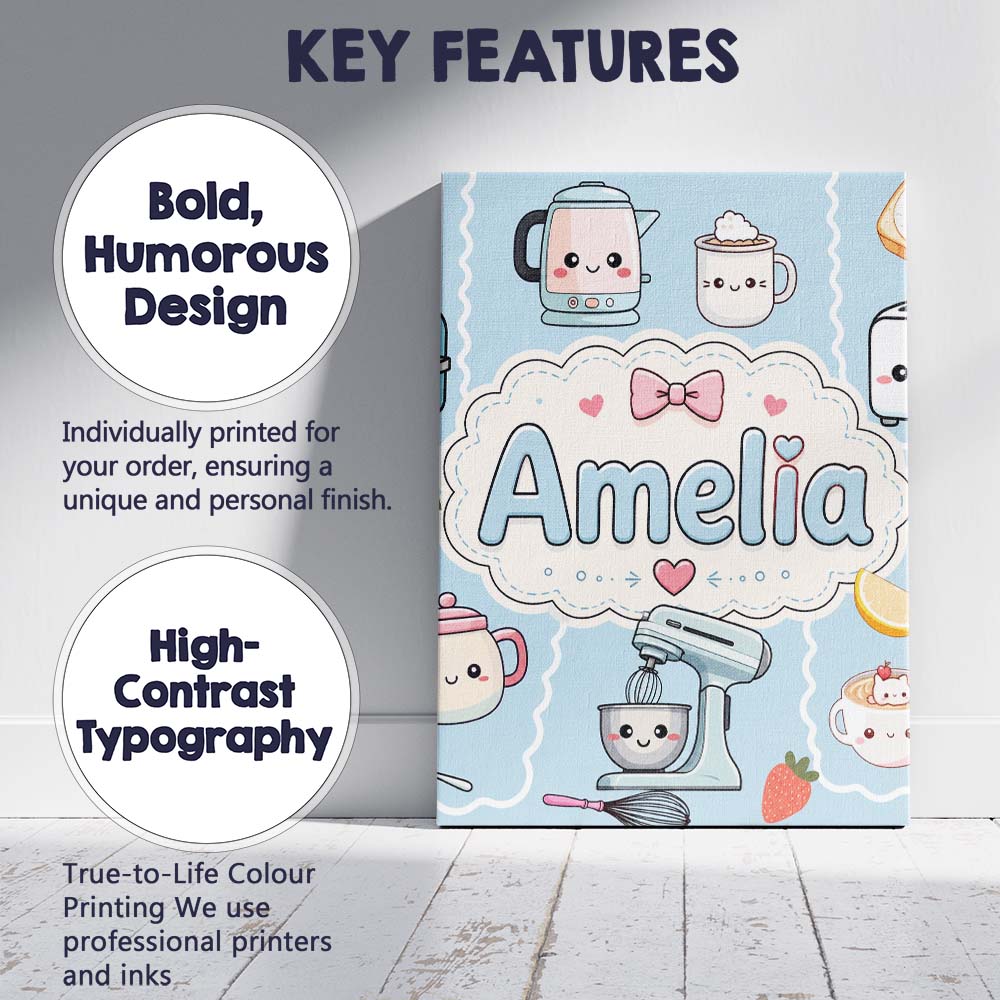 Personalised Name Cute Kawaii Mixer Kettle Custom  Unique Gift Idea Elegant Feature Canvas Wall Art Print Decor Picture Ready to Hang