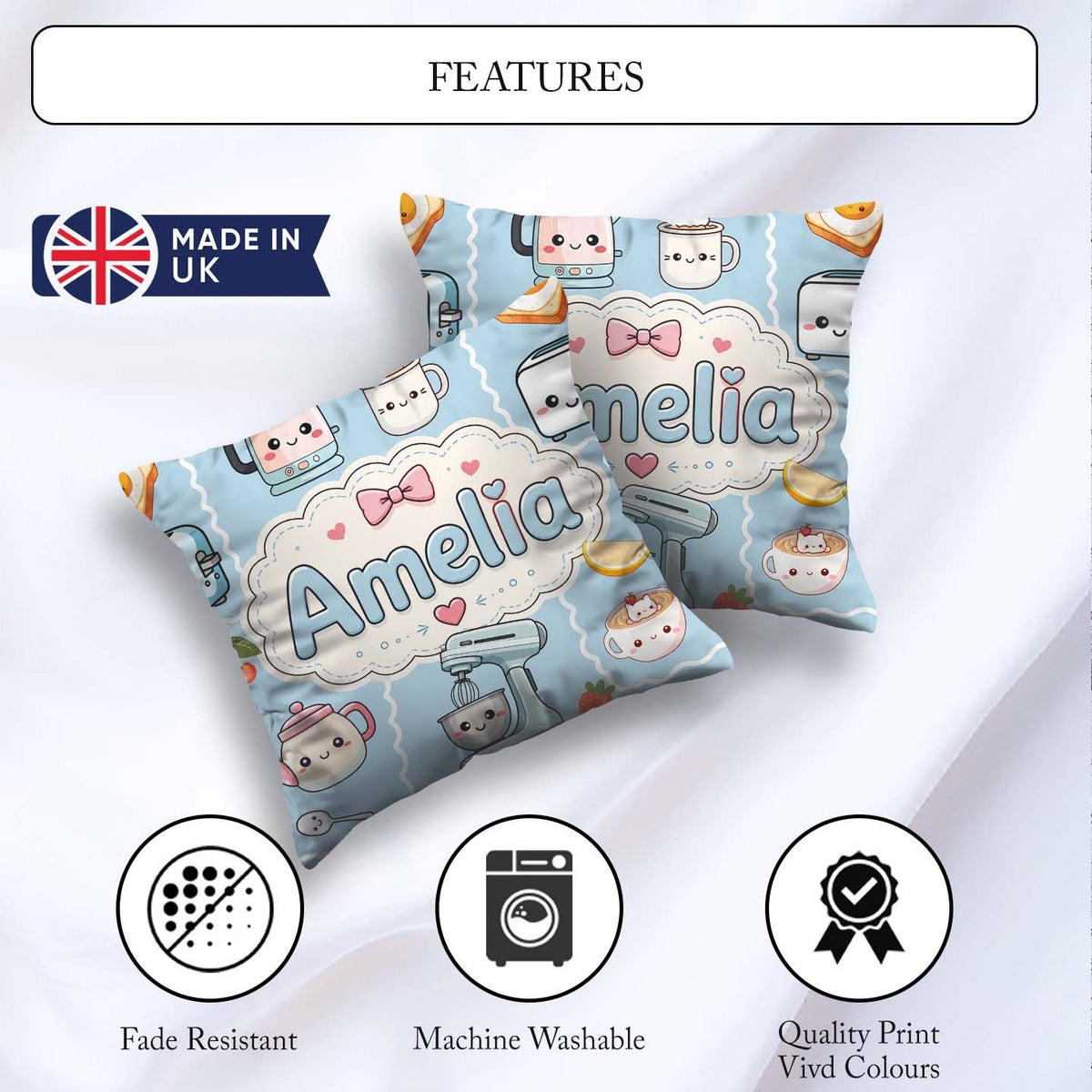Custom Name Kawaii Mixer Kettle Fruits Blue Background Seamless Square Filled Cushion Throw Pillow Sofa Bed Home Decor Zip Washable UK Made
