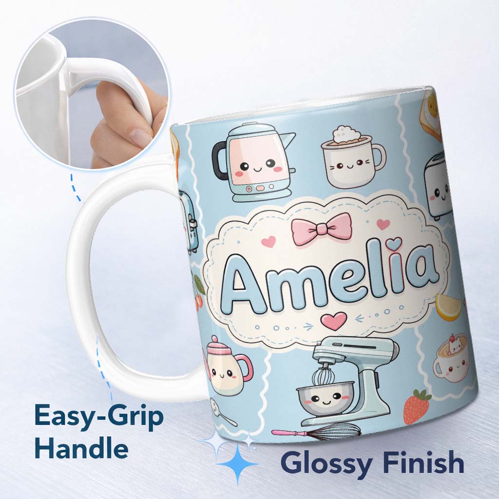 Personalized Custom Name Cute Kawaii Kitchen Mixer Kettle Fruits Blue Background Seamless 11oz Ceramic Coffee Tea Mug White Large Handle