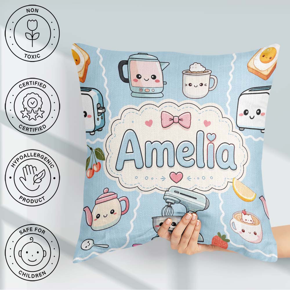 Custom Name Kawaii Mixer Kettle Fruits Blue Background Seamless Square Filled Cushion Throw Pillow Sofa Bed Home Decor Zip Washable UK Made