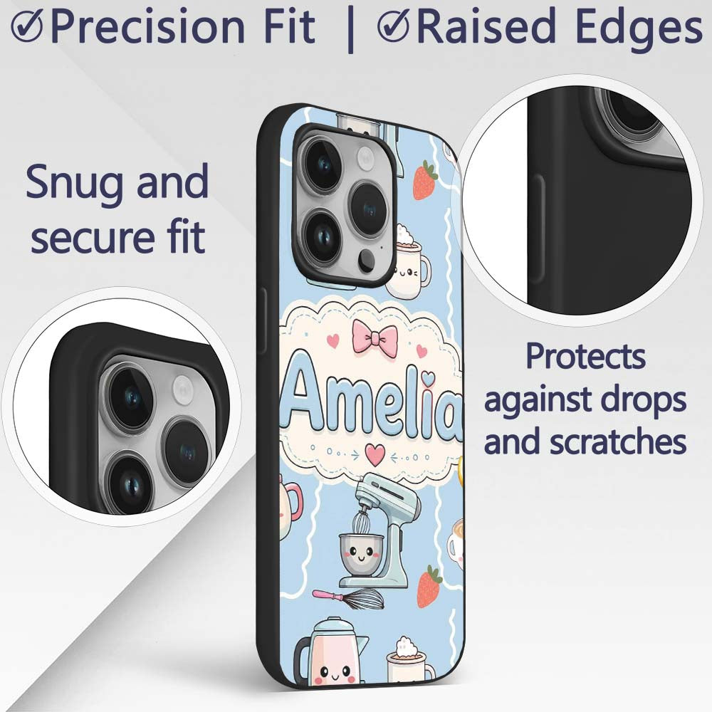 Cute Kawaii Mixer Kettle Fruits Blue Background Custom Name Protective Phone Case Mobile Cover Durable Everyday Smartphone Shock Resistant