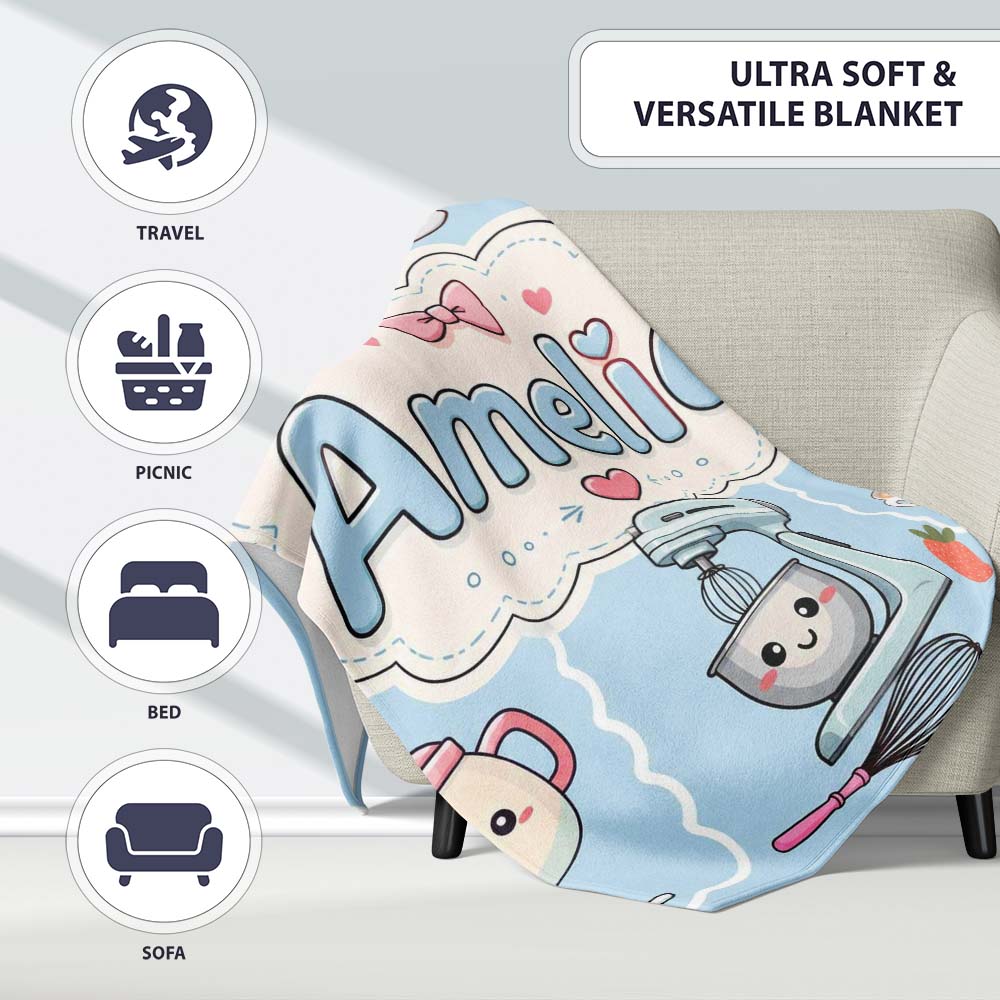 Cute Kawaii  Mixer Kettle Fruits Blue Background Seamless  Personalised Custom Name Super Soft Fleece Blanket Bed Sofa Throw