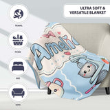 Cute Kawaii  Mixer Kettle Fruits Blue Background Seamless  Personalised Custom Name Super Soft Fleece Blanket Bed Sofa Throw