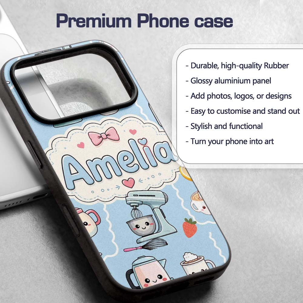 Cute Kawaii Mixer Kettle Fruits Blue Background Custom Name Protective Phone Case Mobile Cover Durable Everyday Smartphone Shock Resistant
