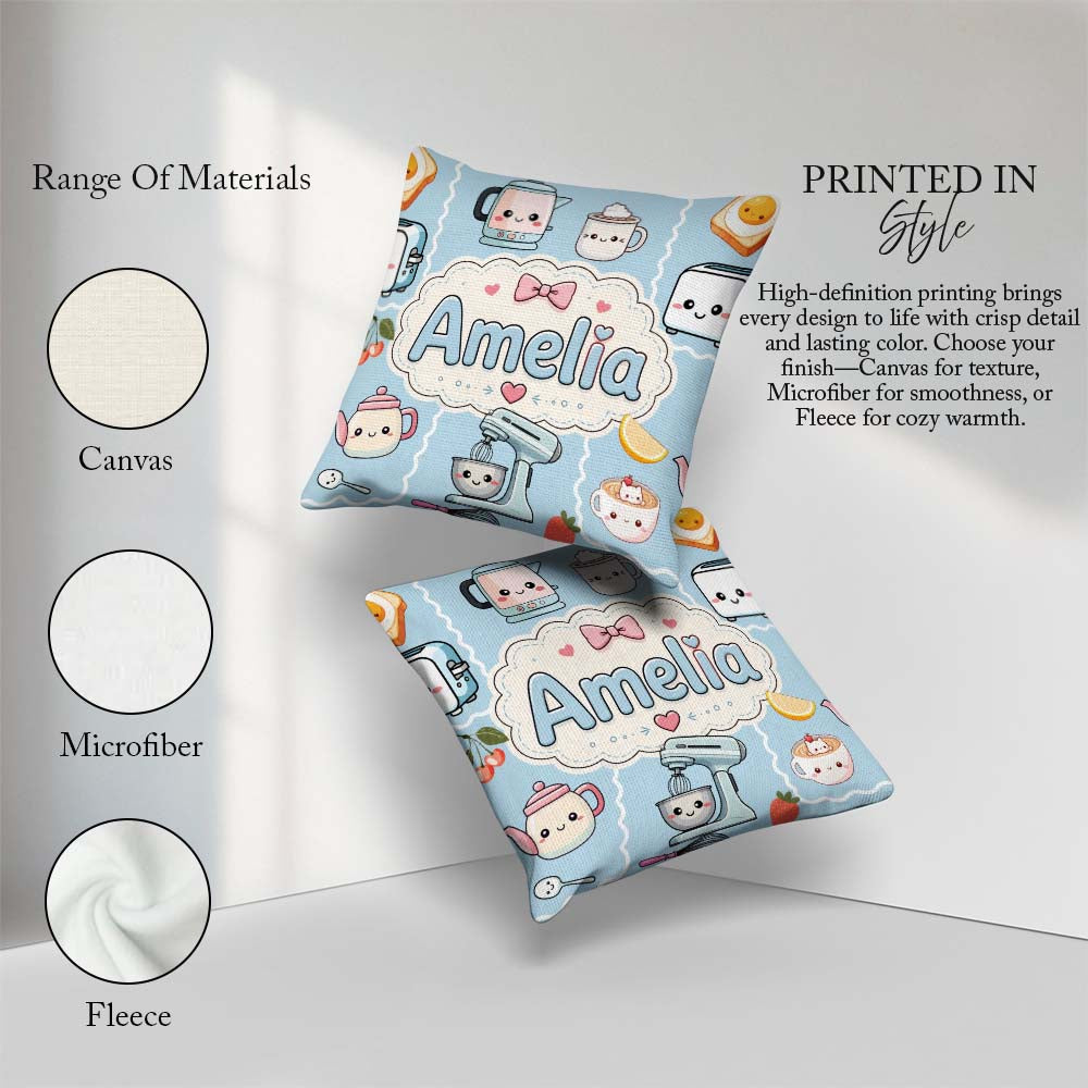 Custom Name Kawaii Mixer Kettle Fruits Blue Background Seamless Square Filled Cushion Throw Pillow Sofa Bed Home Decor Zip Washable UK Made