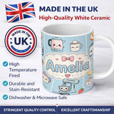 Personalized Custom Name Cute Kawaii Kitchen Mixer Kettle Fruits Blue Background Seamless 11oz Ceramic Coffee Tea Mug White Large Handle