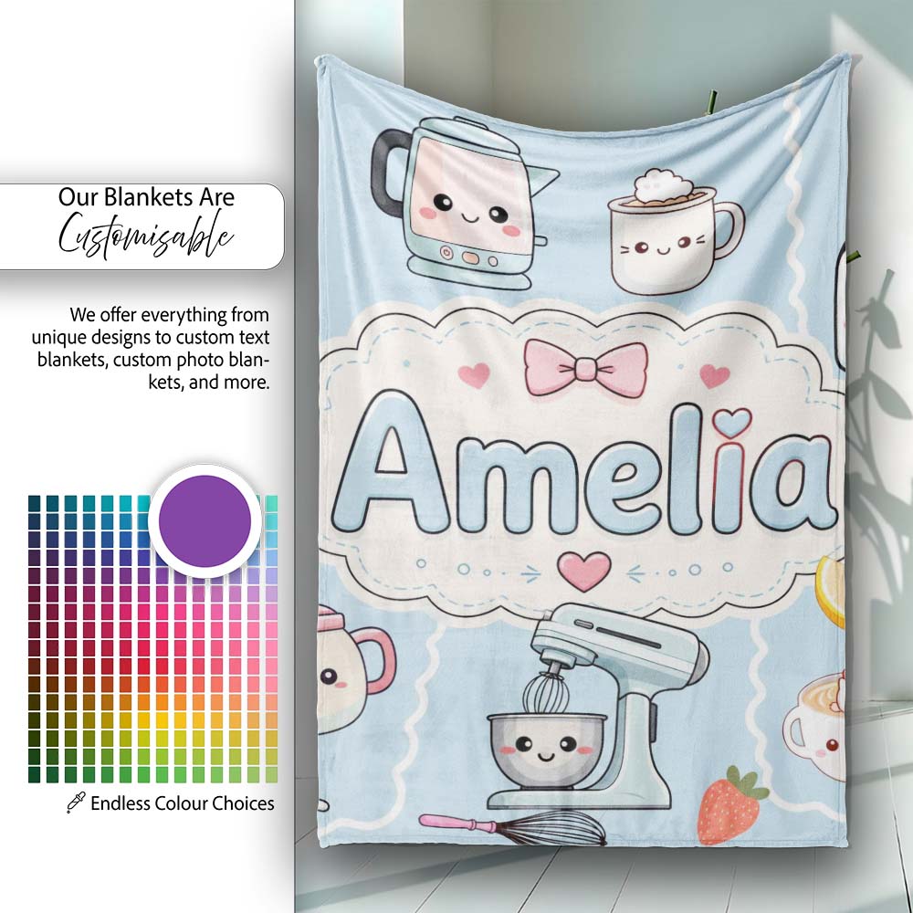 Cute Kawaii  Mixer Kettle Fruits Blue Background Seamless  Personalised Custom Name Super Soft Fleece Blanket Bed Sofa Throw