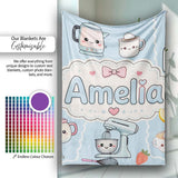 Cute Kawaii  Mixer Kettle Fruits Blue Background Seamless  Personalised Custom Name Super Soft Fleece Blanket Bed Sofa Throw